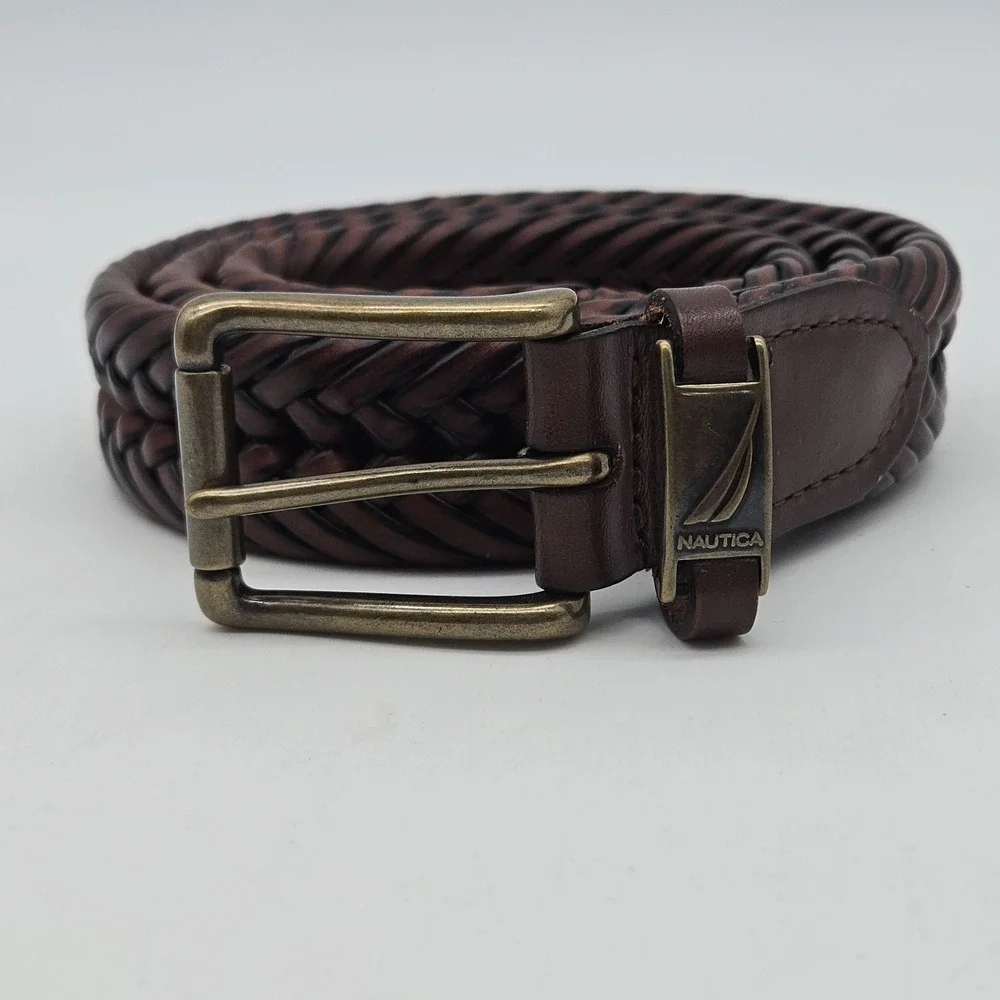 Nautica Braided Belt Brown Leather Mens 34 Bronze Buckle New